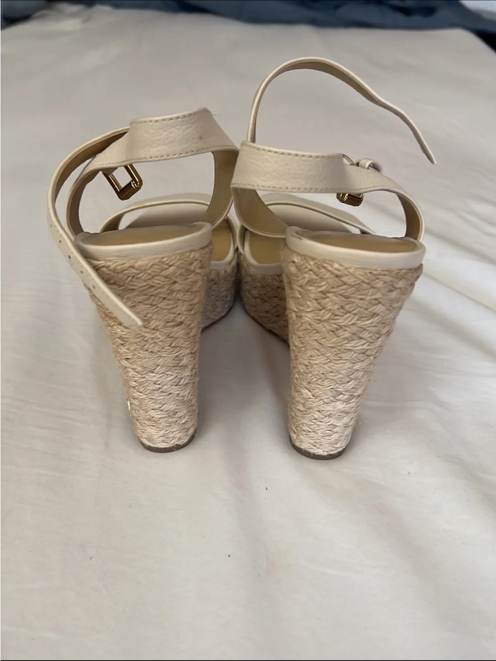 MICHAEL Michael Kors Ivory Leather Wedge Sandals with Ankle Strap